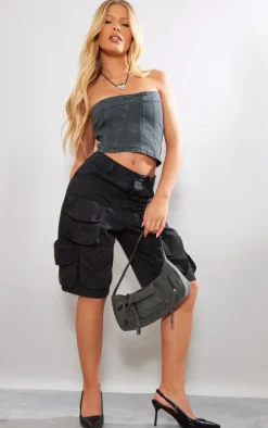 Washed Grey Bandeau Seam Detail Denim Corset Top