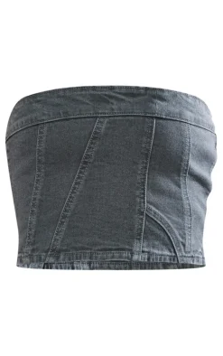 Washed Grey Bandeau Seam Detail Denim Corset Top