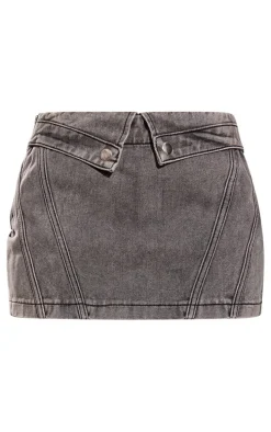 Washed Grey Biker Waistband Detail Denim Mini Skirt