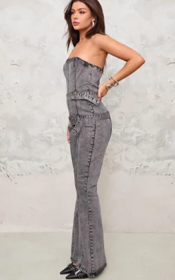 Washed Grey Buckle Detail Straight Leg Denim Jumpsuit