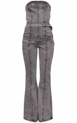 Washed Grey Buckle Detail Straight Leg Denim Jumpsuit