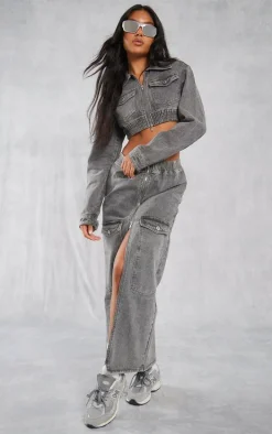 Washed Grey Cargo Pocket Zip Front Midi Denim Skirt