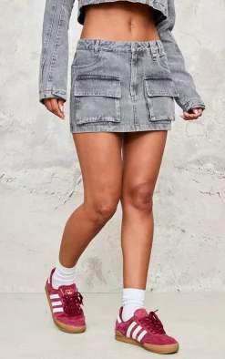 Washed Grey Cargo Pocket Detail Denim Mini Skirt