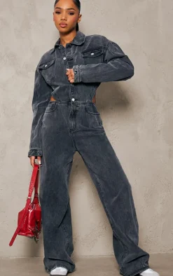 Washed Grey Cut Out Frayed Detail Denim Jumpsuit