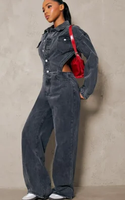 Washed Grey Cut Out Frayed Detail Denim Jumpsuit