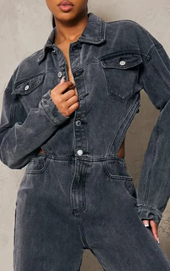 Washed Grey Cut Out Frayed Detail Denim Jumpsuit