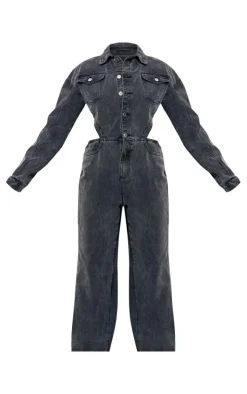 Washed Grey Cut Out Frayed Detail Denim Jumpsuit