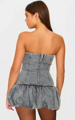 Washed Grey Denim Bandeau Puffball Mini Dress