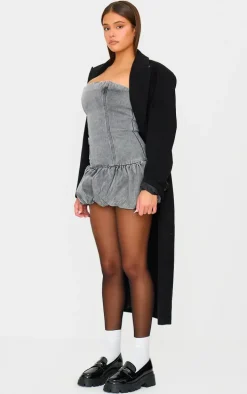 Washed Grey Denim Bandeau Puffball Mini Dress