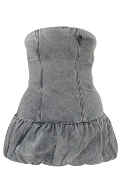 Washed Grey Denim Bandeau Puffball Mini Dress