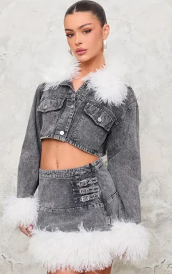 Washed Grey Denim Cropped Faux Fur Trim Detail Jacket