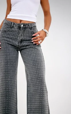 Washed Grey Diamante Front Straight Leg Jeans