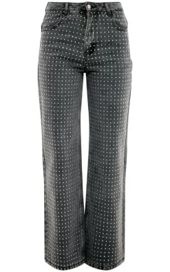 Washed Grey Diamante Front Straight Leg Jeans