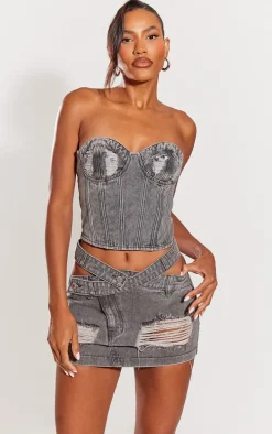 Washed Grey Distressed Cup Denim Corset Top