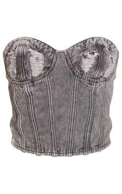 Washed Grey Distressed Cup Denim Corset Top