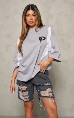 Washed Grey Distressed Longline Boyfriend Shorts