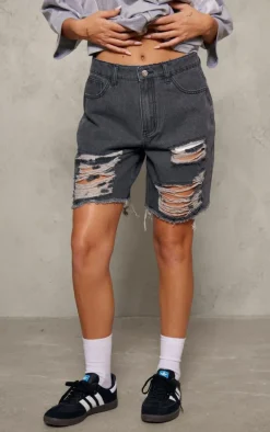 Washed Grey Distressed Longline Boyfriend Shorts