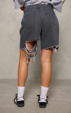 Washed Grey Distressed Longline Boyfriend Shorts