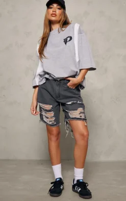 Washed Grey Distressed Longline Boyfriend Shorts