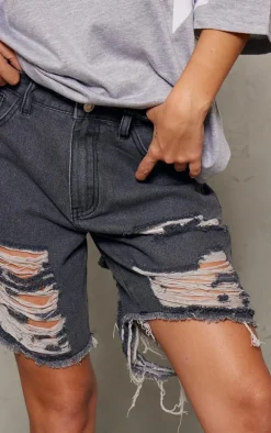 Washed Grey Distressed Longline Boyfriend Shorts