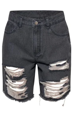 Washed Grey Distressed Longline Boyfriend Shorts