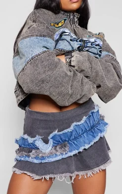 Washed Grey Double Layered Denim Mini Skirt