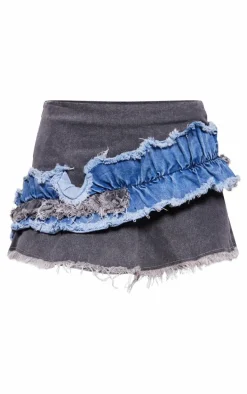 Washed Grey Double Layered Denim Mini Skirt