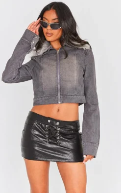 Washed Grey Faux Fur Trim Denim Biker Jacket