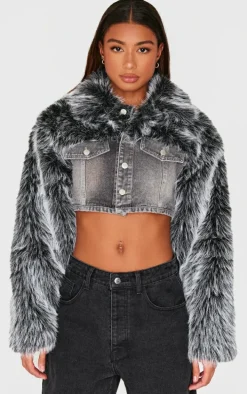 Washed Grey Faux Fur Trim Cropped Denim Jacket