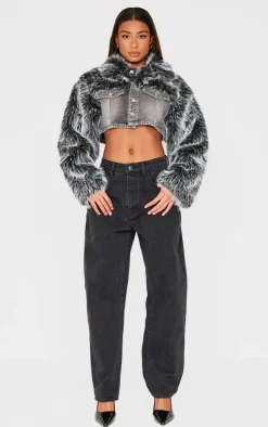 Washed Grey Faux Fur Trim Cropped Denim Jacket
