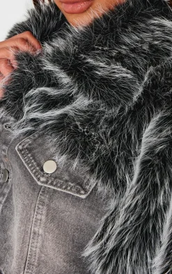 Washed Grey Faux Fur Trim Cropped Denim Jacket