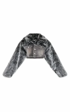 Washed Grey Faux Fur Trim Cropped Denim Jacket