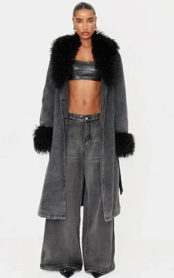 Washed Grey Faux Fur Trim Belted Trench Coat