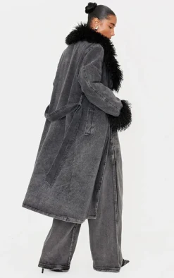 Washed Grey Faux Fur Trim Belted Trench Coat