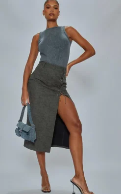 Washed Grey Faux Leather Lace Up Skirt