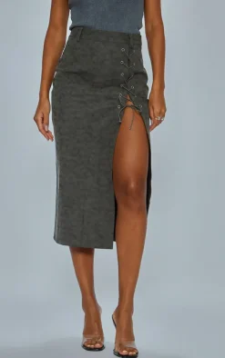 Washed Grey Faux Leather Lace Up Skirt