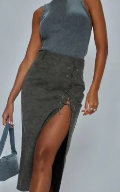 Washed Grey Faux Leather Lace Up Skirt