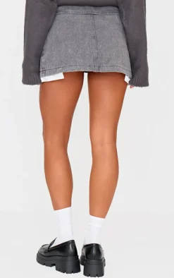 Washed Grey Foldover Waistband Denim Pleated Mini Skirt