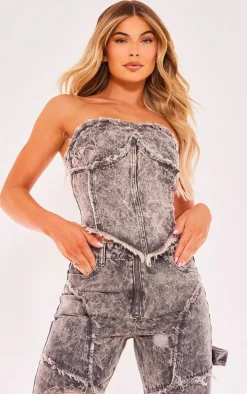 Washed Grey Frayed Dipped Hem Denim Bandeau Top
