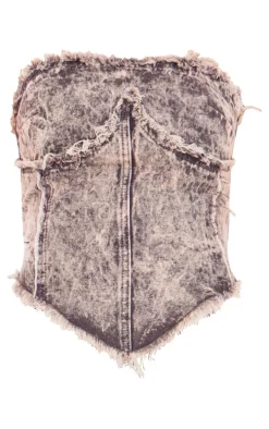 Washed Grey Frayed Dipped Hem Denim Bandeau Top