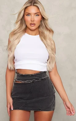 Washed Grey Frayed Edge Cut Out Mini Skirt