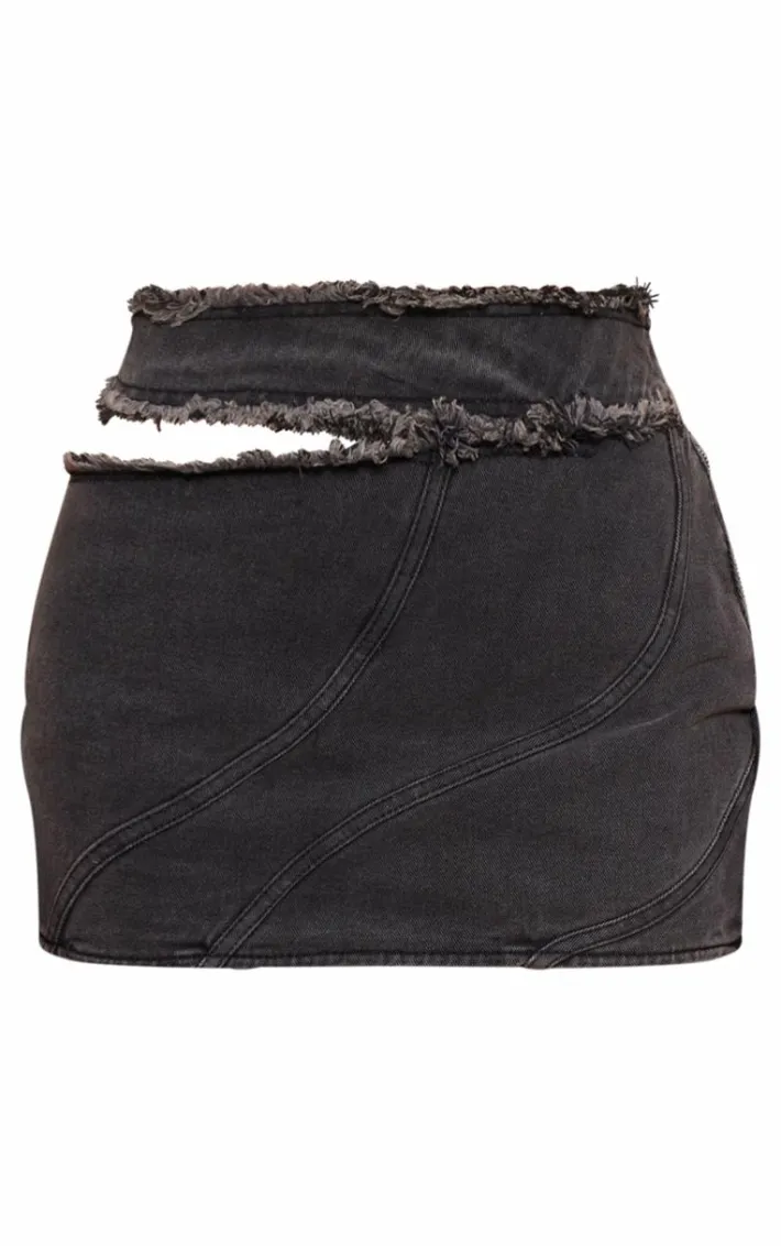 Washed Grey Frayed Edge Cut Out Mini Skirt