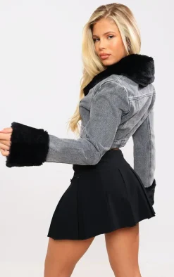 Washed Grey Fur Trim Cropped Denim Jacket