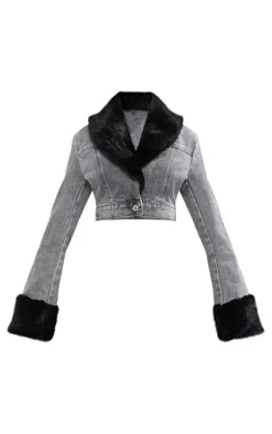 Washed Grey Fur Trim Cropped Denim Jacket