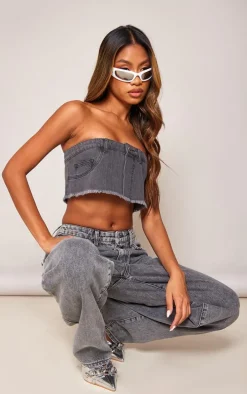 Washed Grey Jean Detail Raw Hem Denim Bandeau Top