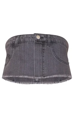 Washed Grey Jean Detail Raw Hem Denim Bandeau Top