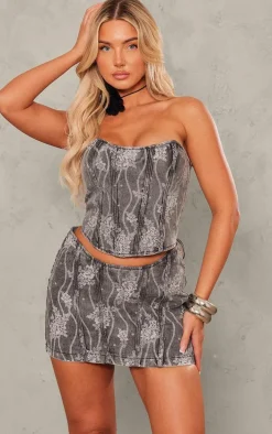 Washed Grey Lace Print Denim Corset Crop Top