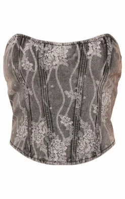 Washed Grey Lace Print Denim Corset Crop Top