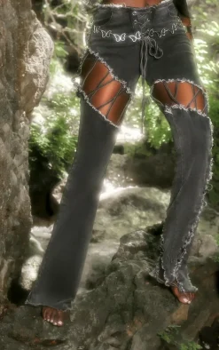 Washed Grey Lace Up Extreme Detail Flared Jeans