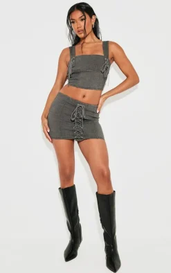 Washed Grey Lace Up Front Denim Mini Skirt